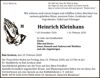 Traueranzeige von Heinrich Kleinhans von WLZ