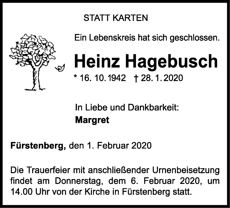  Traueranzeige für Heinz Hagebusch vom 01.02.2020 aus WLZ