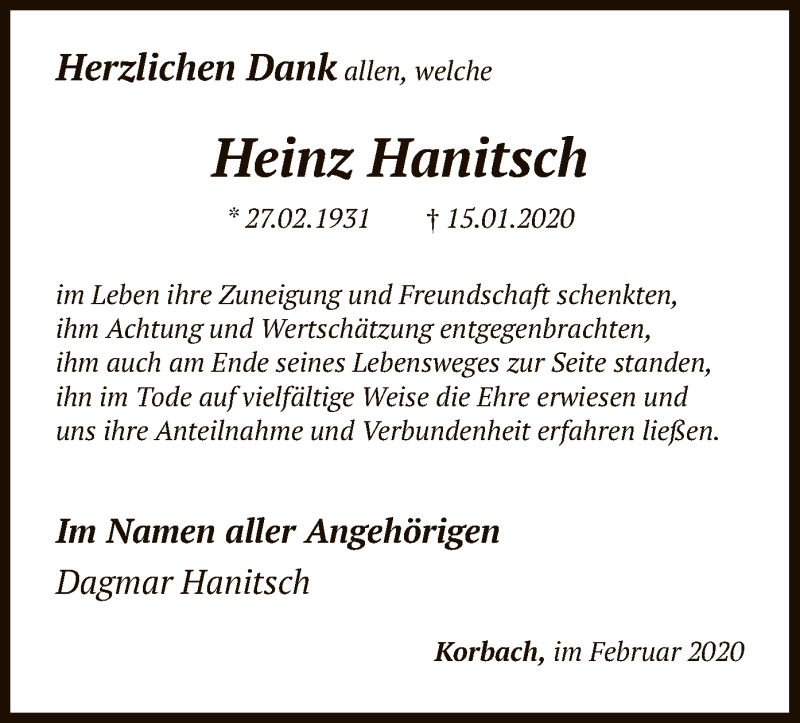  Traueranzeige für Heinz Hanitsch vom 12.02.2020 aus WLZ