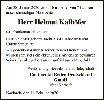 Traueranzeige von Helmut Kalhöfer von WLZ