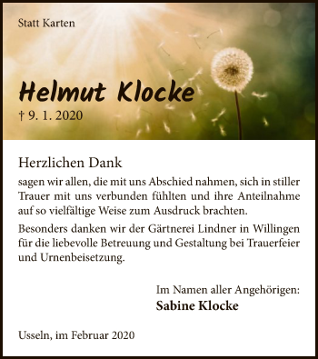 Traueranzeige von Helmut Klocke von WLZ