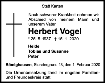 Traueranzeige von Heribert Vogel von WLZ