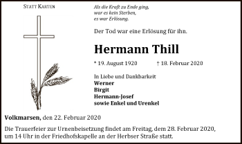 Traueranzeige von Hermann Thill von WLZ