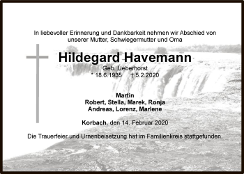 Traueranzeige von Hildegard Havemann von WLZ