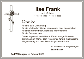 Traueranzeige von Ilse Frank von WLZ