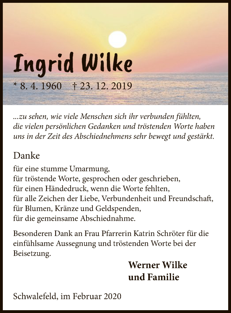  Traueranzeige für Ingrid Wilke vom 01.02.2020 aus WLZ