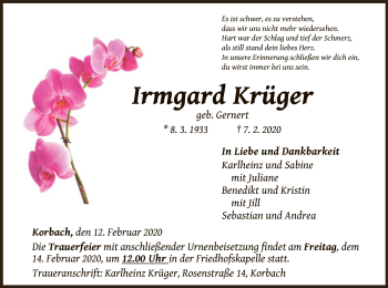 Traueranzeige von Irmgard Krüger von WLZ