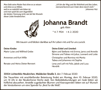 Traueranzeige von Johanna Brandt von WLZ