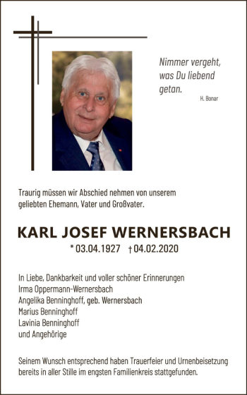 Traueranzeige von Josef Wernersbach von WLZ