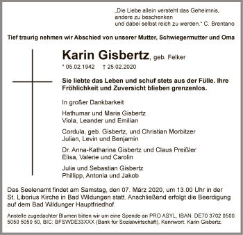 Traueranzeige von Karin Gisbertz von WLZ