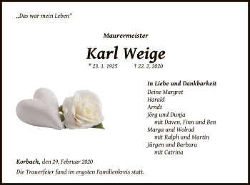 Traueranzeige von Karl Weige von WLZ