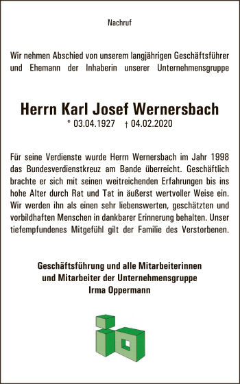 Traueranzeige von Karl Josef Wernersbach von WLZ