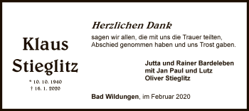 Traueranzeige von Klaus Stieglitz von WLZ
