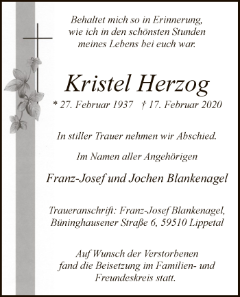 Traueranzeige von Kristel Herzog von WLZ