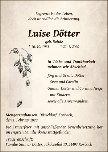 Traueranzeige von Luise Dötter von WLZ
