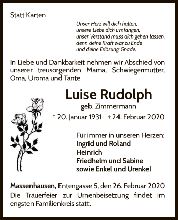 Traueranzeige von Luise Rudolph von WLZ