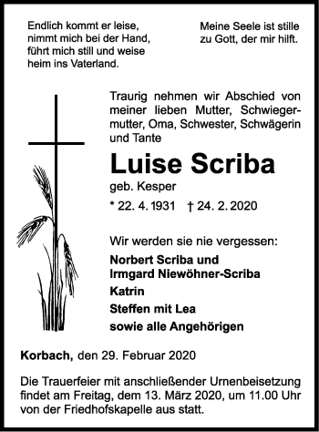 Traueranzeige von Luise Scriba von WLZ