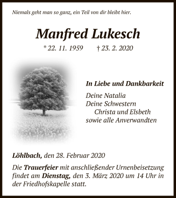 Traueranzeige von Manfred Lukesch von WLZ