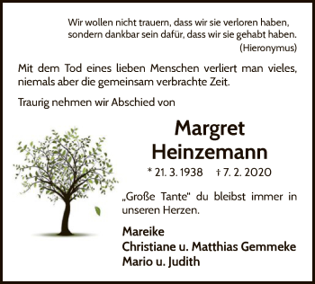 Traueranzeige von Margret Heinzemann von WLZ
