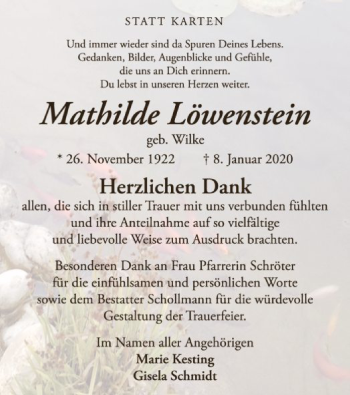 Traueranzeige von Mathilde Löwenstein von WLZ