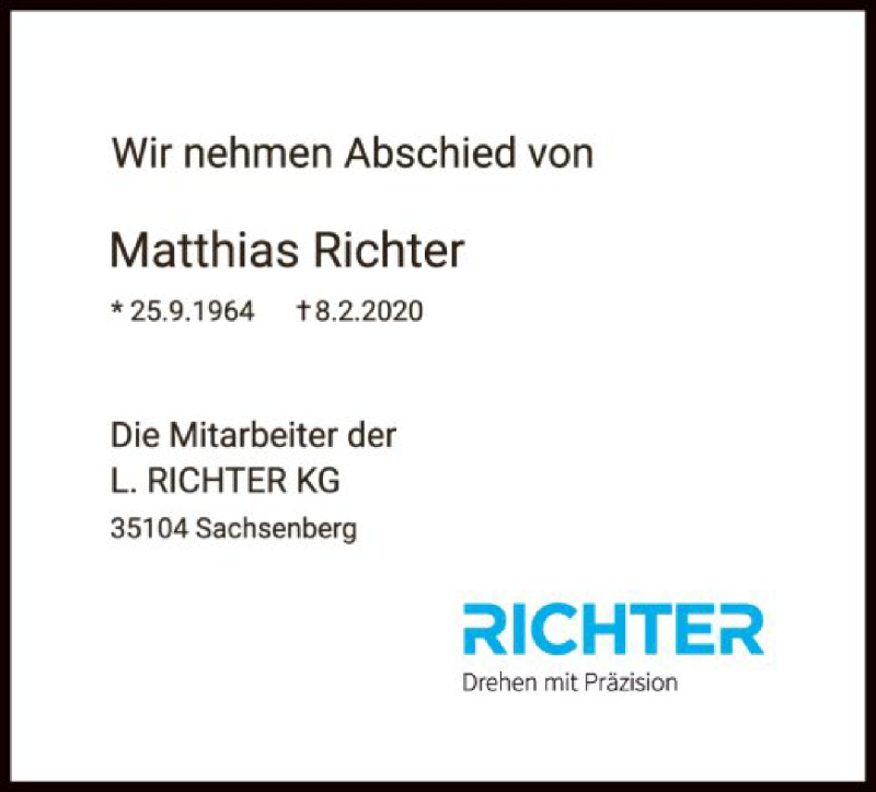  Traueranzeige für Matthias Richter vom 12.02.2020 aus WLZ
