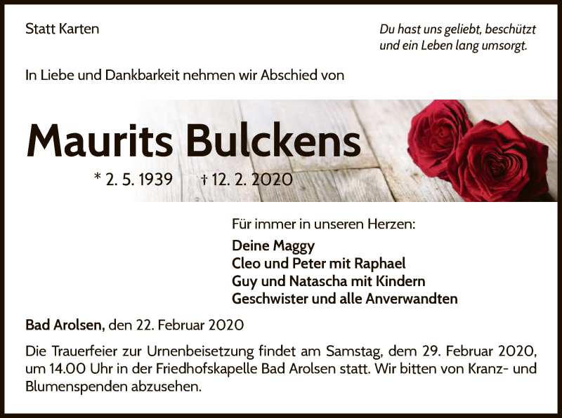  Traueranzeige für Maurits Bulckens vom 22.02.2020 aus WLZ