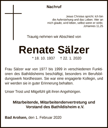 Traueranzeige von Renate Sälzer von WLZ