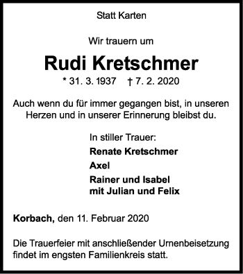 Traueranzeige von Rudi Kretschmer von WLZ