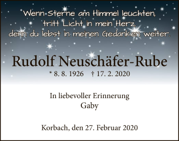 Traueranzeige von Rudolf Neuschäfer-Rube von WLZ