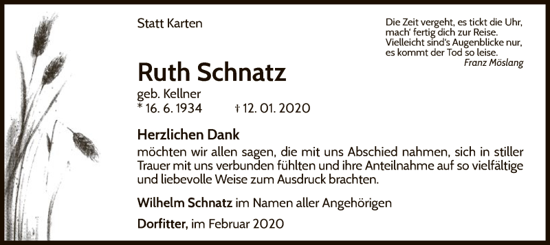  Traueranzeige für Ruth Schnatz vom 14.02.2020 aus WLZ