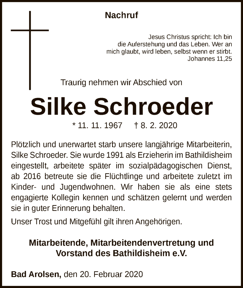  Traueranzeige für Silke Schroeder vom 22.02.2020 aus WLZ