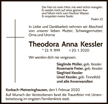 Traueranzeige von Theodora Anna Kessler von WLZ