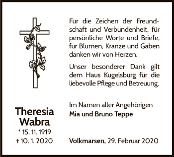 Traueranzeige von Theresia Wabra von WLZ