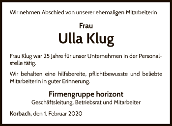 Traueranzeige von Ulla Klug von WLZ