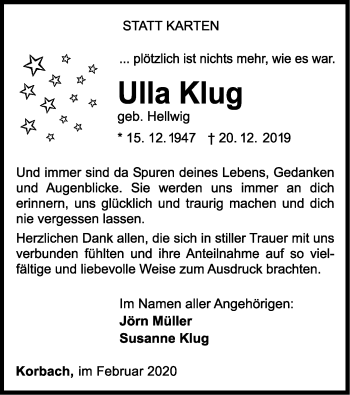 Traueranzeige von Ulla Klug von WLZ