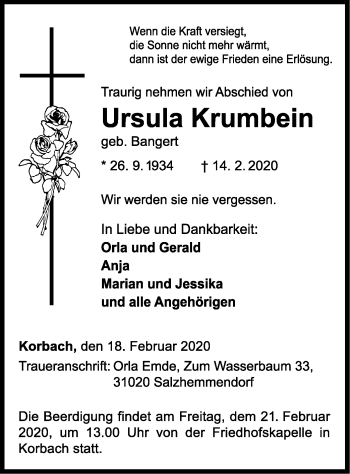 Traueranzeige von Ursula Krumbein von WLZ