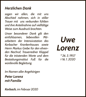 Traueranzeige von Uwe Lorenz von WLZ