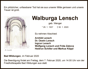 Traueranzeige von Walburga Lensch von WLZ