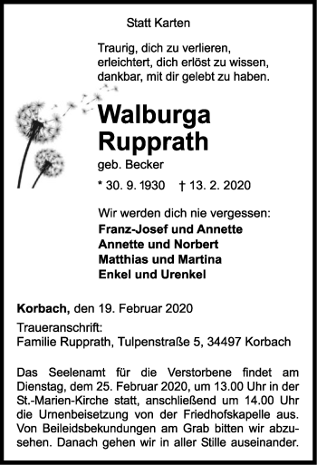 Traueranzeige von Walburga Rupprath von WLZ