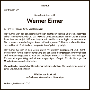 Traueranzeige von Werner Eimer von WLZ