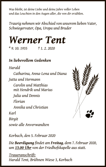 Traueranzeige von Werner Tent von WLZ