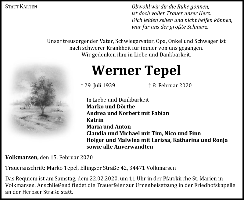  Traueranzeige für Werner Tepel vom 15.02.2020 aus WLZ