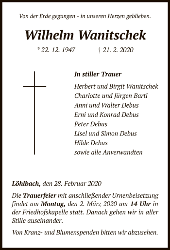 Traueranzeige von Wilhelm Wanitschek von WLZ