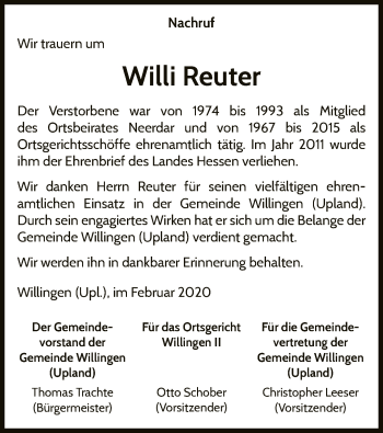 Traueranzeige von Willi Reuter von WLZ