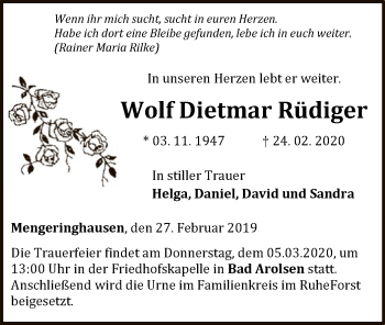 Traueranzeige von Wolf Dietmar Rüdiger von WLZ