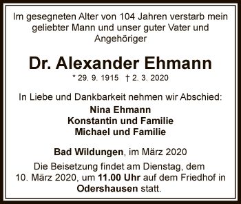 Traueranzeige von Alexander Ehmann von WLZ