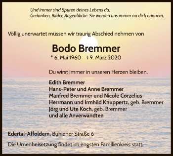 Traueranzeige von Bodo Bremmer von WLZ