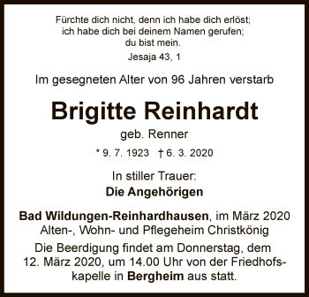 Traueranzeige von Brigitte Reinhardt von WLZ