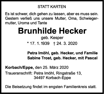 Traueranzeige von Brunhilde Hecker von WLZ
