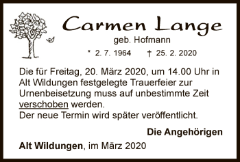 Traueranzeige von Carmen Lange von WLZ